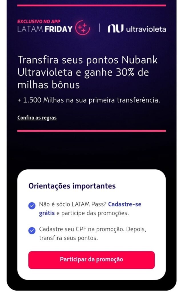 Nubank Ultravioleta oferece 30% de bônus no Latam Pass e 1.500 milhas extras até 25/11 bllitzbuy 1763993779