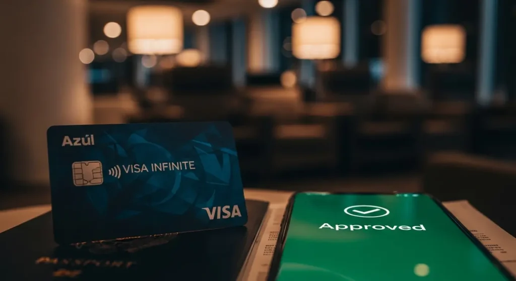 Fotografia em close de um cartão de crédito premium azul escuro sobre um passaporte, ao lado de um smartphone com brilho na tela exibindo um sinal de check verde de aprovação, com fundo desfocado simulando uma sala VIP de aeroporto.