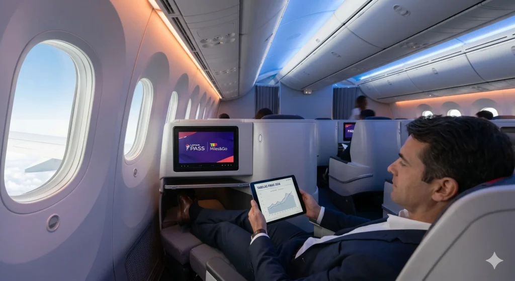 Executiva com milhas 2026 Tabelas LATAM e TAP 3 Cabine de classe Premium Business da LATAM Airlines com passageiro holding tablet indicando 'TABELAS FIXAS 2026' e tela de entretenimento mostrando os logos da LATAM Pass e TAP Miles&Go.