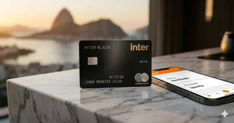 Inter Black Ilimitado em 2026: O Segredo que Não Te Contaram Cartão Inter Black Ilimitado 2026 de metal sobre mesa de mármore.