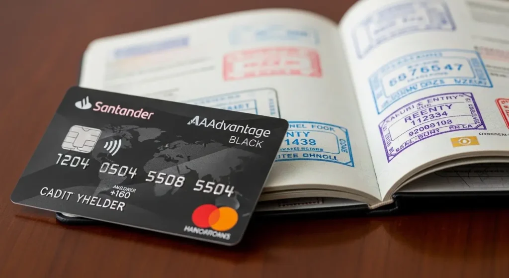 Como transferir milhas para o programa AAdvantage em 2026 e dolarizar suas viagens 2 Cartão Santander AAdvantage Black posicionado estrategicamente ao lado de um passaporte pronto para uso do programa AAdvantage milhas.