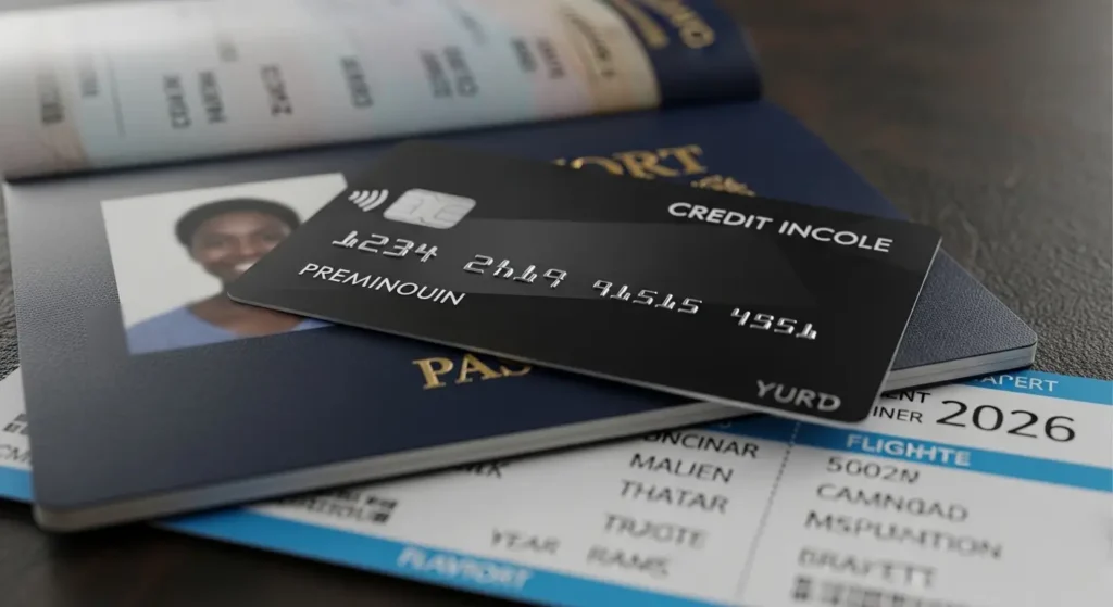 O erro de R$ 5 mil: Por que suas milhas aéreas 2026 valem menos com a Selic a 14,50% 2 Cartão de crédito Black de alta renda posicionado sobre passaporte e bilhete comprado com milhas aéreas 2026.