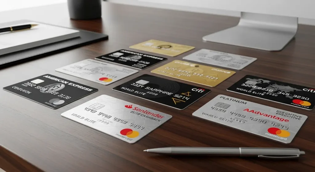 Santander Elite Cashback: A verdade oculta sobre os R$ 500 2 Cartões de crédito de alta renda espalhados sobre uma mesa de escritório, destacando o plástico do Santander Elite Cashback.
