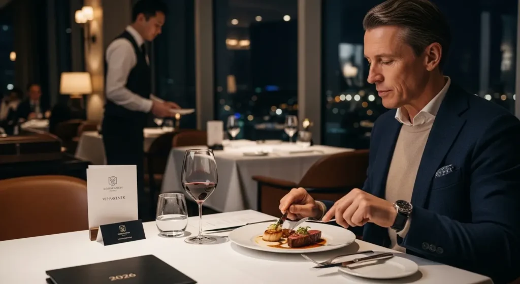 A queda das Salas VIP: O que ninguém te conta sobre o novo Lounge Key e o colapso do conforto. 3 Cliente de alta renda desfrutando de refeição em restaurante parceiro como alternativa ao acesso salas VIP 2026.