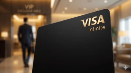 Close-up de um cartão de crédito preto fosco com o logotipo Visa Infinite brilhando em dourado, imagem destacada do Itaú Visa Infinite Privilege.