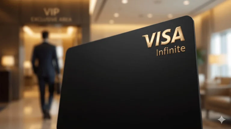Close-up de um cartão de crédito preto fosco com o logotipo Visa Infinite brilhando em dourado, imagem destacada do Itaú Visa Infinite Privilege.