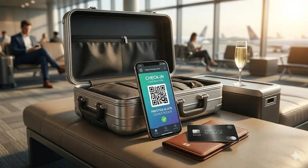 Por que você nunca deve pagar a anuidade do cartão Black em 2026 1 Anuidade do cartão Black: Close-up de uma mala de mão premium aberta sobre um banco de couro no aeroporto. Ao lado, o smartphone da Image 8 exibe o check-in digital (Prestige Lounge Access). O cartão PRESTIGE BLACK 2026