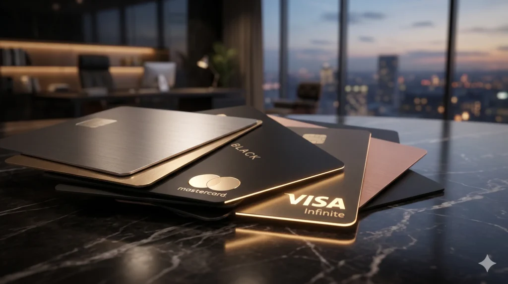 Quase ninguém sabe: Os 5 cartões que mais pontuam em milhas em 2026 3 Close-up sofisticado de cartões de crédito Visa Infinite e Mastercard Black em mármore escuro, imagem destacada do ranking cartões que mais pontuam.