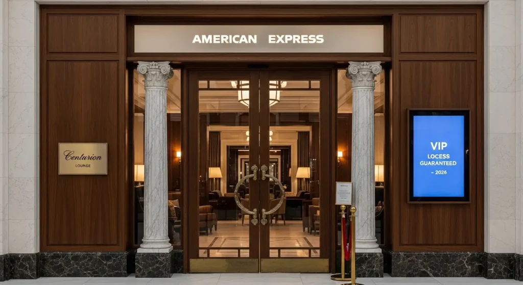 A queda das Salas VIP: O que ninguém te conta sobre o novo Lounge Key e o colapso do conforto. 4 Entrada luxuosa de um lounge proprietário da American Express, garantindo acesso salas VIP 2026 sem filas.