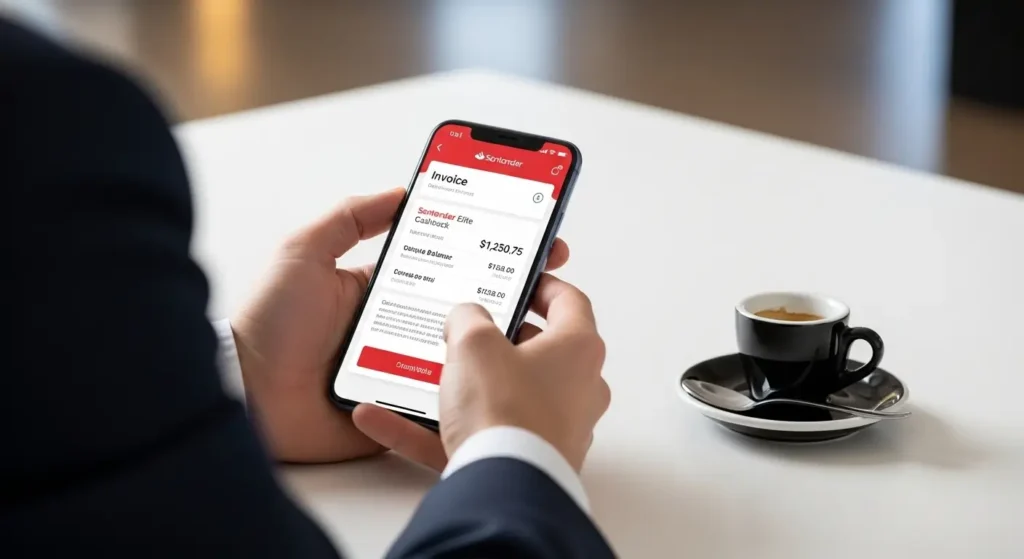 Santander Elite Cashback: A verdade oculta sobre os R$ 500 1 Executivo analisando fatura no aplicativo mostrando o saldo do Santander Elite Cashback ao lado de um café expresso.