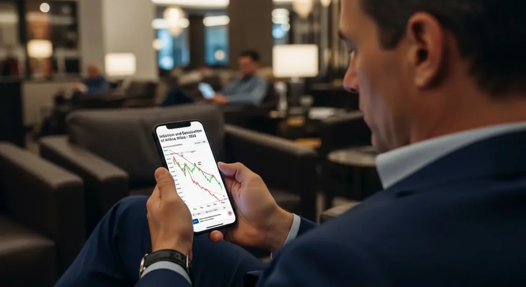 Executivo analisando gráfico de inflação e desvalorização das milhas aéreas 2026 em smartphone na sala VIP.