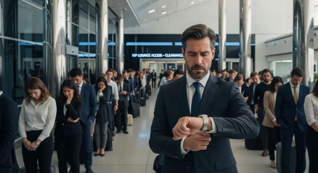 A queda das Salas VIP: O que ninguém te conta sobre o novo Lounge Key e o colapso do conforto. 1 Executivo frustrado olhando o relógio em uma fila enorme aguardando liberação de acesso salas VIP 2026.