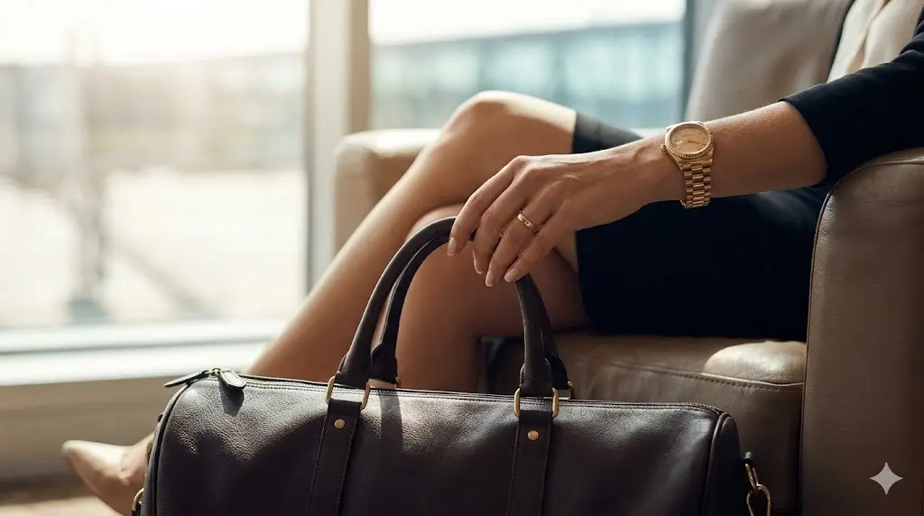 O Segredo dos R$ 5,5: O erro que te afasta do Itaú Visa Infinite Privilege 3 Foto de estilo de vida premium mostrando uma pessoa segurando uma mala de couro em uma área VIP desfocada, representando o privilégio do Itaú Visa Infinite.
