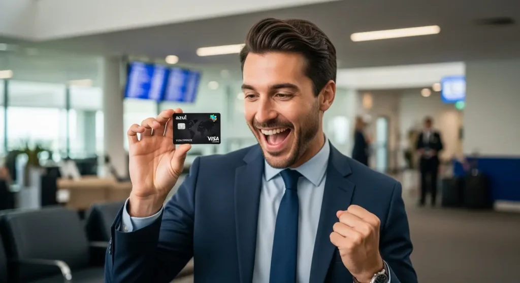 O segredo dos bastidores: Como conseguir a Azul Visa Infinite aprovação sem comprovar R$ 15 mil de renda 3 Homem engravatado segurando o cartão escuro de alta renda comemorando a Azul Visa Infinite aprovação em um aeroporto.