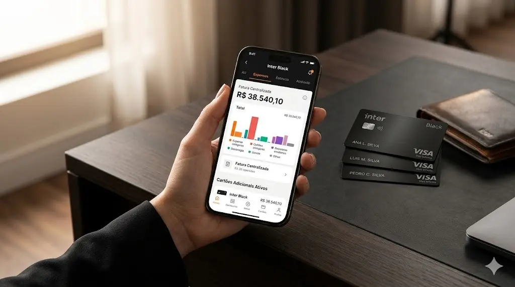Inter Black Ilimitado em 2026: O Segredo que Não Te Contaram 1 Mão segurando smartphone com App Inter exibindo resumo de gastos e três cartões Inter Black adicionais ao fundo.