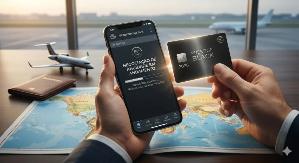Por que você nunca deve pagar a anuidade do cartão Black em 2026 3 Anuidade do cartão Black: Mão segurando um smartphone com aplicativo de banco aberto e um cartão Black ao lado, simbolizando a negociação.