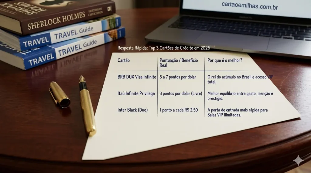Quase ninguém sabe: Os 5 cartões que mais pontuam em milhas em 2026 1 Resposta Rápida Top 3 Cartões de 2026