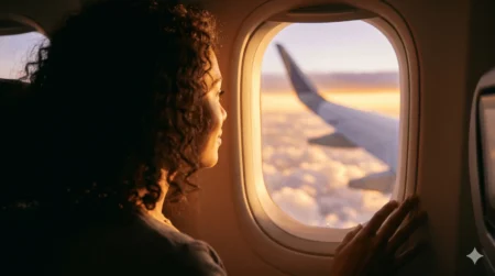 Milhas aéreas como funcionam: Silhueta de uma pessoa feliz olhando pela janela de um avião com o pôr do sol ao fundo, imagem destacada do guia milhas aéreas como funcionam.