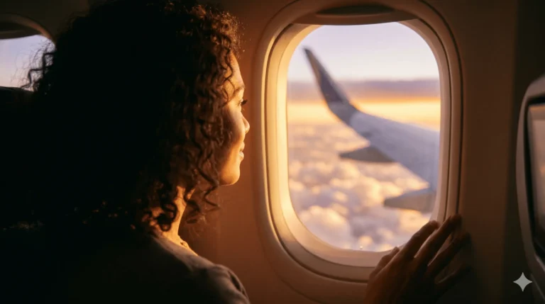 O Segredo das Viagens Grátis Milhas aéreas como funcionam na prática Milhas aéreas como funcionam: Silhueta de uma pessoa feliz olhando pela janela de um avião com o pôr do sol ao fundo, imagem destacada do guia milhas aéreas como funcionam.