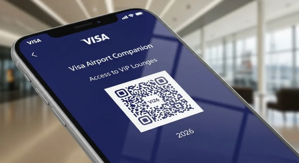 A queda das Salas VIP: O que ninguém te conta sobre o novo Lounge Key e o colapso do conforto. 2 Smartphone abrindo o aplicativo Visa Airport Companion mostrando o QR Code para acesso salas VIP 2026.