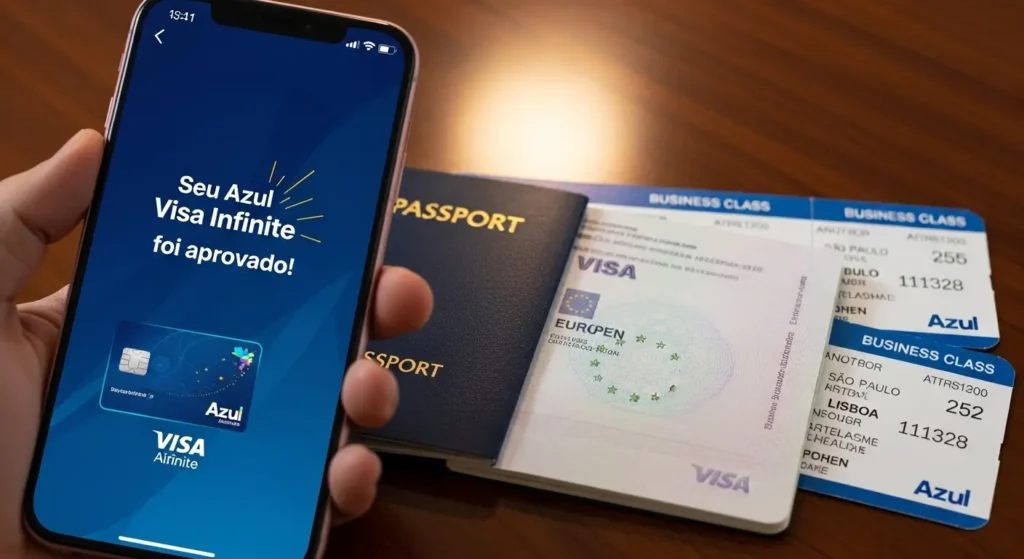 O segredo dos bastidores: Como conseguir a Azul Visa Infinite aprovação sem comprovar R$ 15 mil de renda 1 Tela de smartphone exibindo a mensagem de Azul Visa Infinite aprovação ao lado de um passaporte e bilhetes aéreos da classe executiva.