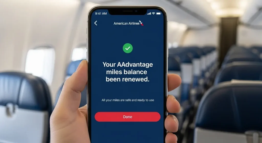 Como transferir milhas para o programa AAdvantage em 2026 e dolarizar suas viagens 4 Tela do aplicativo American Airlines confirmando a renovação total do saldo do programa AAdvantage milhas.