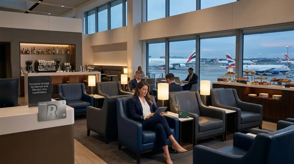 Nomad ou Revolut Ultra: O Comparativo Definitivo para sua Viagem à Europa em 2026 1 Lounge de luxo acessado pelo benefício da conta Revolut Ultra em aeroportos internacionais.