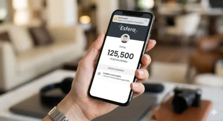 Esfera e Casas Bahia: Como Acumular Milhas com Compras no Varejo Mão segurando um smartphone que exibe o saldo de pontos atualizado no aplicativo Esfera após compra nas Casas Bahia.