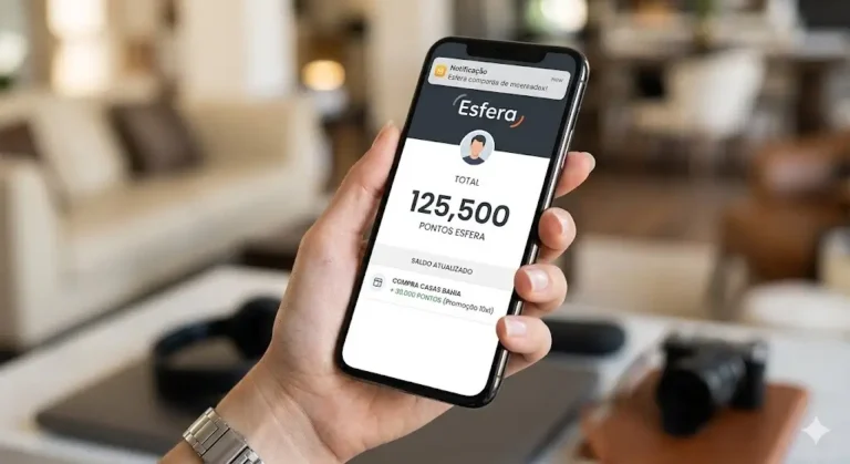 Mão segurando um smartphone que exibe o saldo de pontos atualizado no aplicativo Esfera após compra nas Casas Bahia.