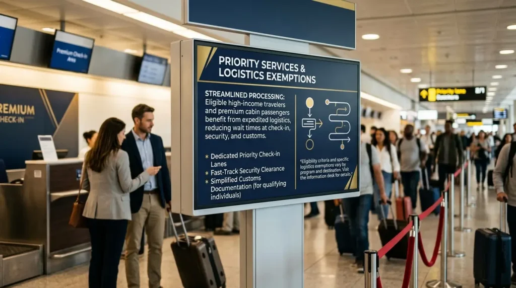 O Segredo da Balança: A Regra Definitiva Que Isenta a Alta Renda 1 Painel de aeroporto focado no check-in prioritário mostrando como a imunidade logística isenta a alta renda