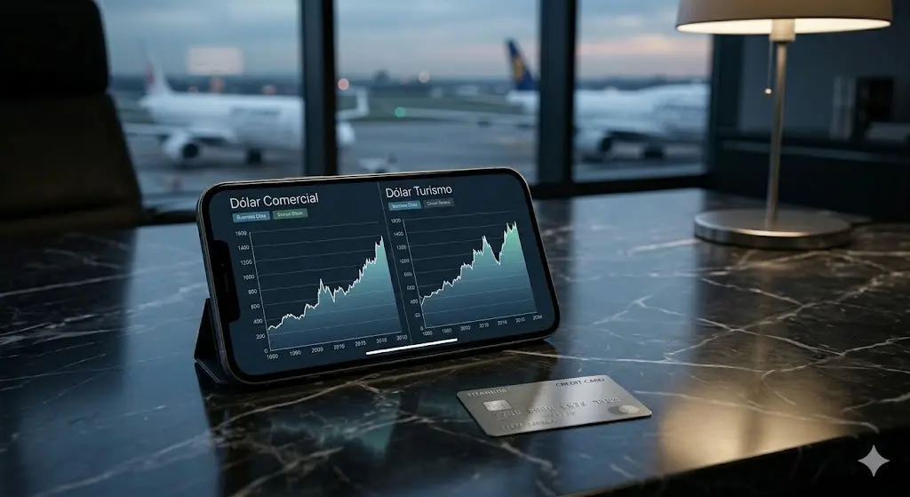 Um smartphone exibindo um gráfico de cotação do dólar comercial versus turismo, com um cartão de metal ao lado, ilustrando o impacto do spread do dólar no cartão nas finanças globais.