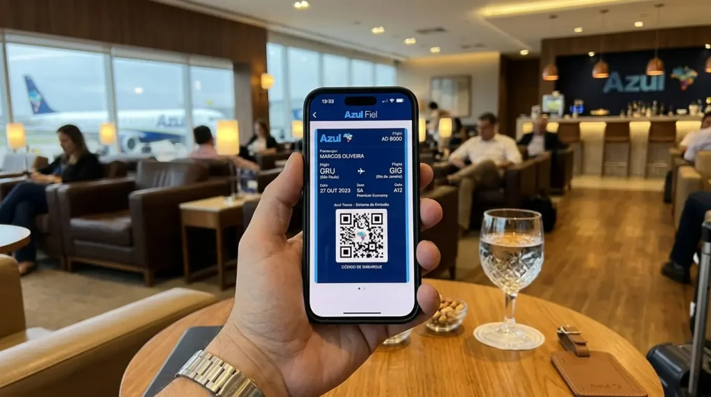Azul Tecno: Como Funciona a Emissão com Pontos no Novo Sistema da Azul 1 Smartphone exibindo o QR Code de um bilhete emitido pelo sistema Azul Tecno, em um ambiente premium de sala VIP.