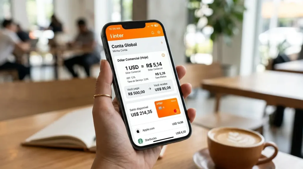 Cartão Global Inter: O Guia Definitivo da Conta Internacional em 2026 2 Tela de smartphone premium exibindo a interface da conta internacional e a cotação do dólar comercial no Cartão Global Inter.