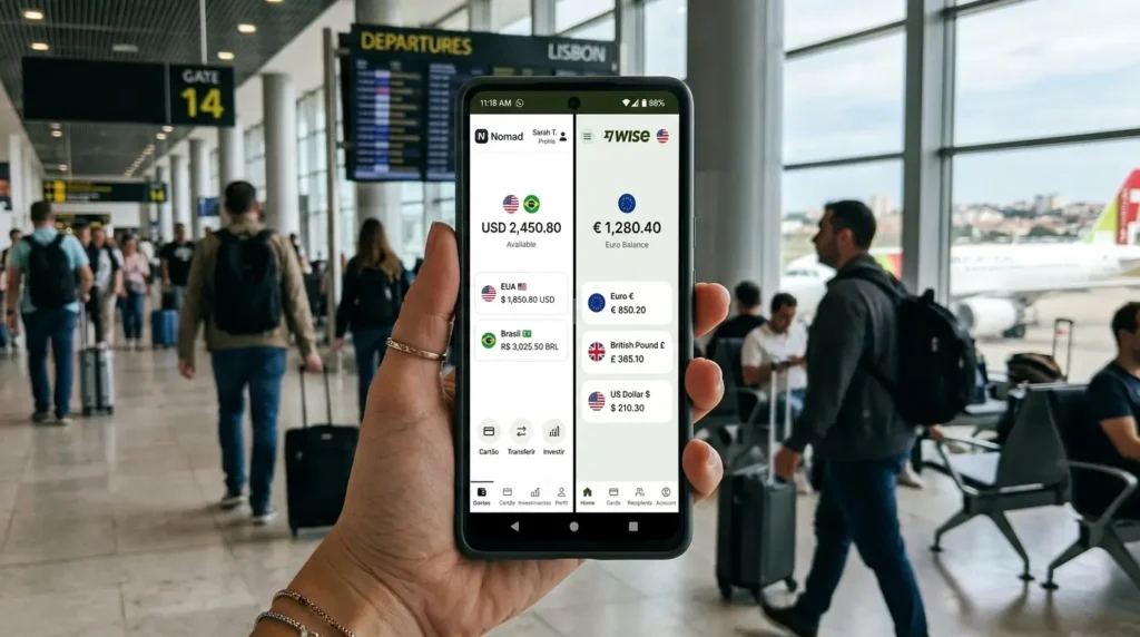 Nomad vs Wise. Tela de smartphone dividida mostrando as interfaces de saldo das plataformas Nomad e Wise em um contexto de viagem internacional.