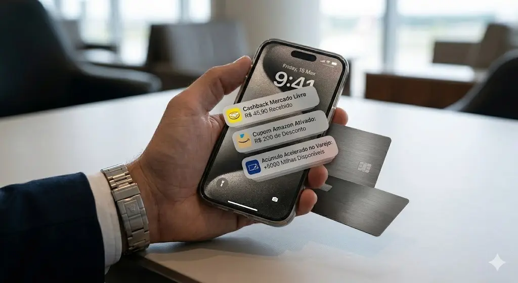 Estratégias de Acúmulo Acelerado no Varejo Online: O Guia Definitivo 2 Close-up de um smartphone exibindo notificações de cashback e cupons da Amazon e Mercado Livre, simbolizando a agilidade no acúmulo acelerado no varejo.