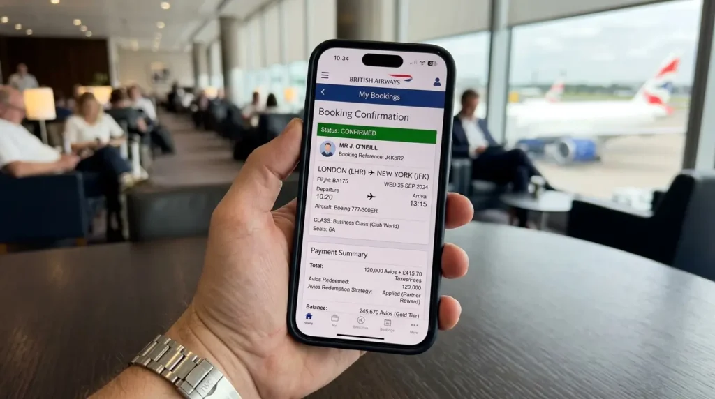 Estratégias de Emissão com Avios: O Guia British Airways e Ibéria Plus 2026 2 Tela de smartphone premium exibindo a confirmação de uma emissão de classe executiva realizada através das estratégias de emissão com Avios.