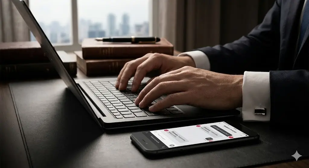 Bradesco Centurion: O Guia Completo do Cartão Amex Black em 2026 1 Detalhe de mãos digitando em um notebook de última geração, com o chat do assistente dedicado do Bradesco Centurion aberto na tela, simbolizando o suporte personalizado de luxo.
