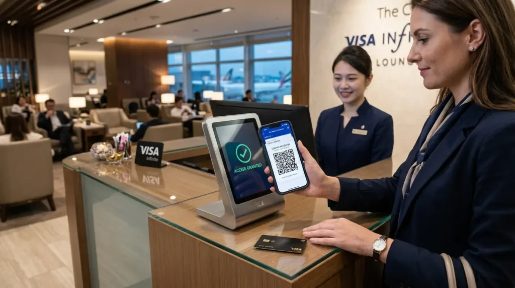 Cartão Visa Infinite Salas VIP Como Ativar e Utilizar o Acesso DragonPass em 2026 Smartphone gerando QR Code do app Visa Airport Companion em frente ao leitor digital de uma sala VIP, simbolizando as regras do cartão Visa Infinite salas VIP.