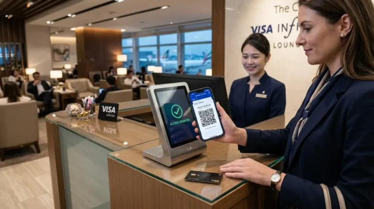 Smartphone gerando QR Code do app Visa Airport Companion em frente ao leitor digital de uma sala VIP, simbolizando as regras do cartão Visa Infinite salas VIP.