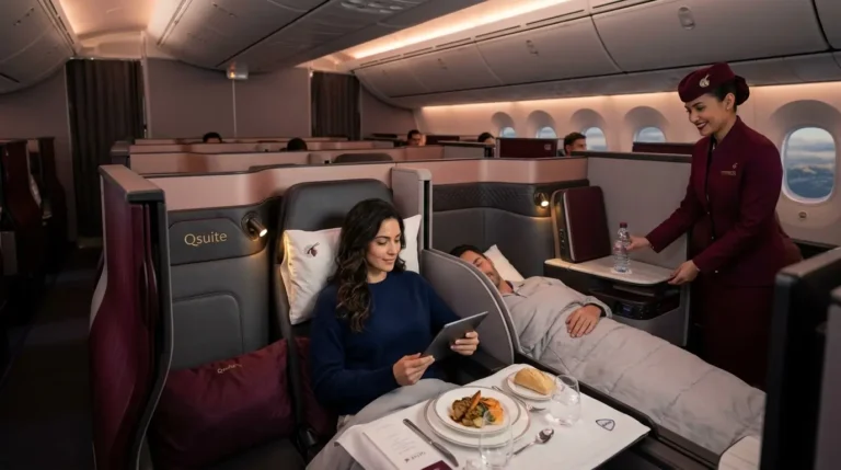 Interior luxuoso da cabine Qsuite da Qatar Airways, uma das melhores estratégias de emissão com Avios para viagens de longa distância em 2026.