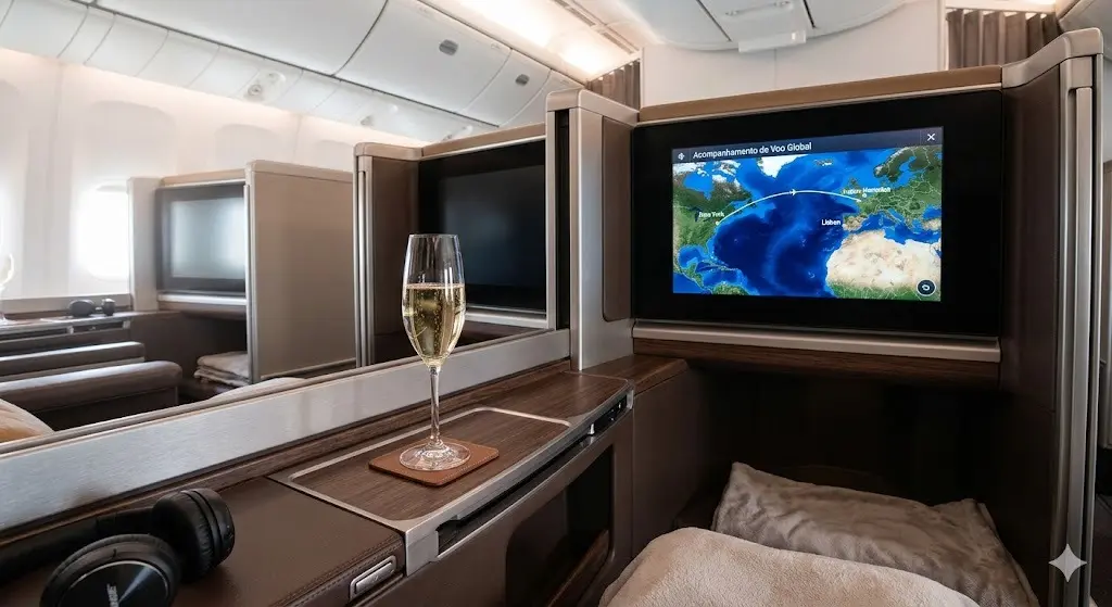 Panorama: Gestão de Milhas e Proteção contra a Inflação 2026 2 Interior luxuoso de uma cabine de primeira classe com taça de champanhe e mapa de voo na tela, representando o resgate de alto valor agregado na gestão de milhas aéreas.