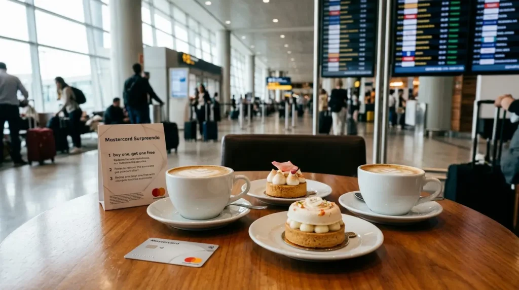 Mastercard Surpreenda: Como Resgatar Até 230 Pontos Gratuitos com Códigos Promocionais 2 Par de cafés e doces servidos em mesa de aeroporto, simbolizando o resgate do modelo compre um e leve outro do Mastercard Surpreenda.