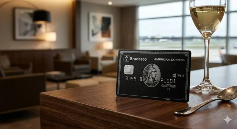 O cartão de metal preto Bradesco Centurion posicionado sobre uma mesa de madeira nobre no Centurion Lounge de um aeroporto de elite, ilustrando os benefícios do Amex Centurion.
