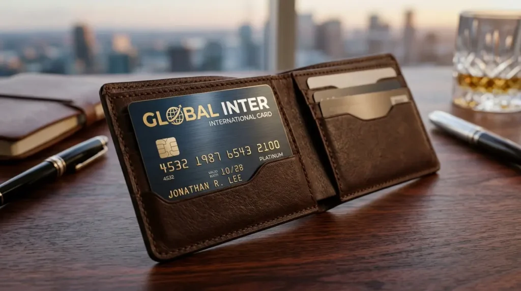 Cartão Global Inter: O Guia Definitivo da Conta Internacional em 2026 Cartão Global Inter posicionado de forma elegante em uma carteira de couro premium, ilustrando a praticidade do Cartão Global Inter.
