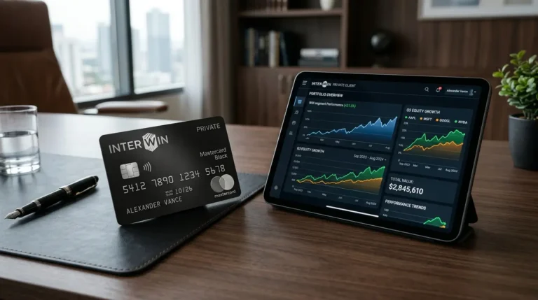 O elegante design escuro do Cartão Inter Win posicionado ao lado de um tablet exibindo gráficos de investimentos de alta renda, simbolizando o segmento Win.