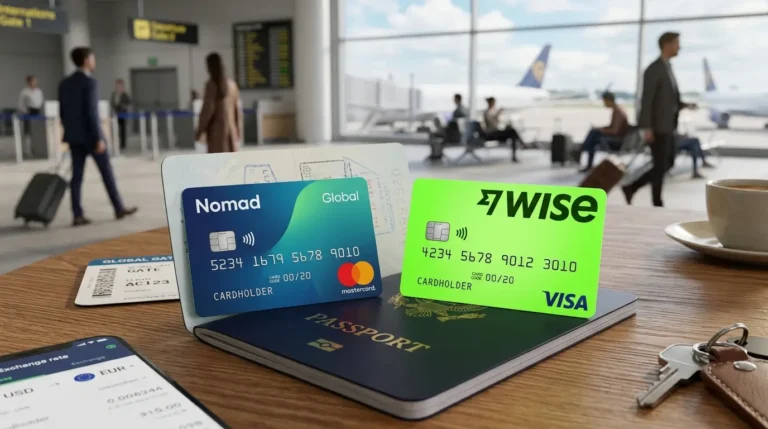 Nomad vs Wise: Qual a Melhor Conta Global para Viajar em 2026? Tela de smartphone dividida mostrando as interfaces de saldo das plataformas Nomad e Wise em um contexto de viagem internacional.