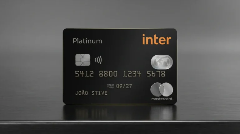 Cartão Platinum Inter com bandeira Mastercard Platinum e design limpo sobre fundo escuro.