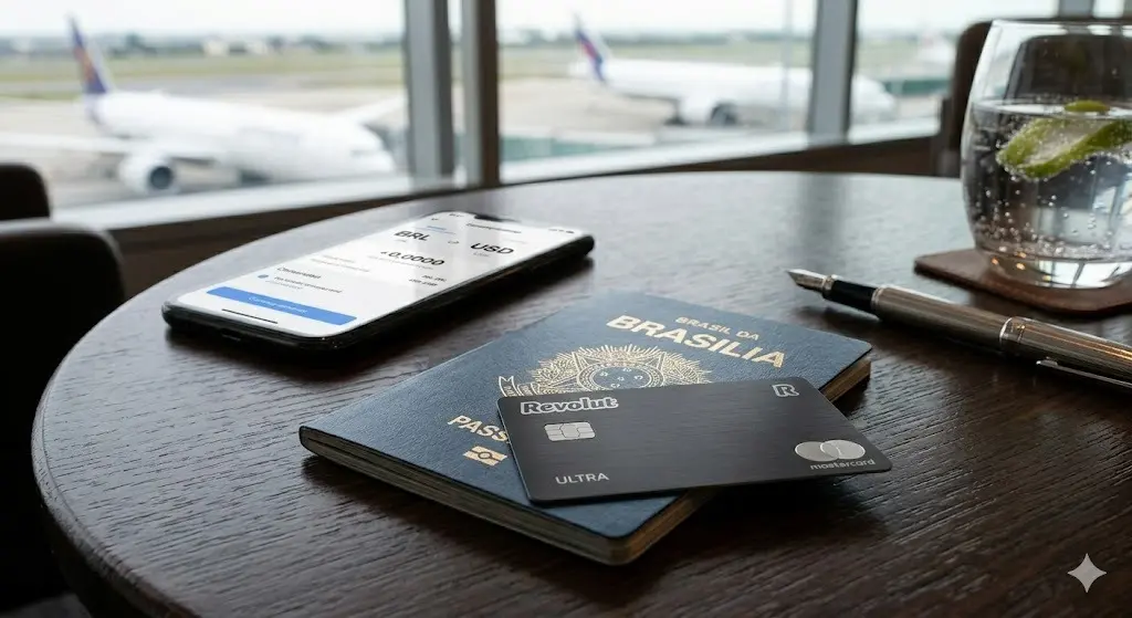  Close-up de um cartão Revolut Ultra sobre um passaporte, com a tela de um smartphone ao fundo exibindo conversão de moedas sem spread do dólar no cartão.