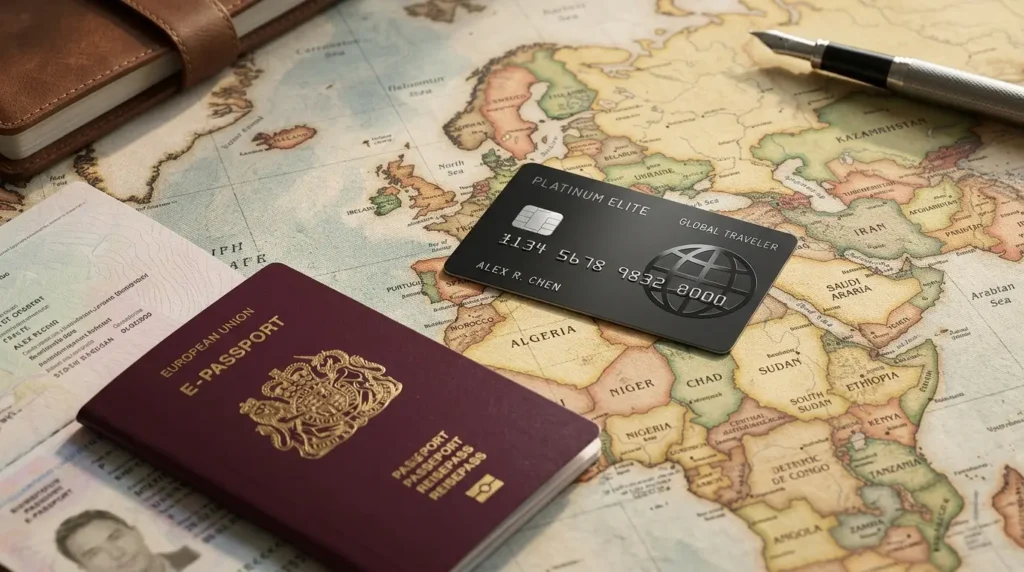 O Plano Definitivo para Juntar Milhas em 2026: Da Estaca Zero à Passagem na Mão Cartão de crédito premium sobre um mapa-múndi com passaporte e milhas aéreas.