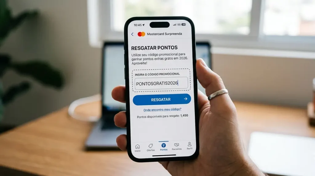 Mastercard Surpreenda: Como Resgatar Até 230 Pontos Gratuitos com Códigos Promocionais 1 Smartphone exibindo a aba de digitação de código promocional no aplicativo Mastercard Surpreenda para resgatar pontos grátis em 2026
